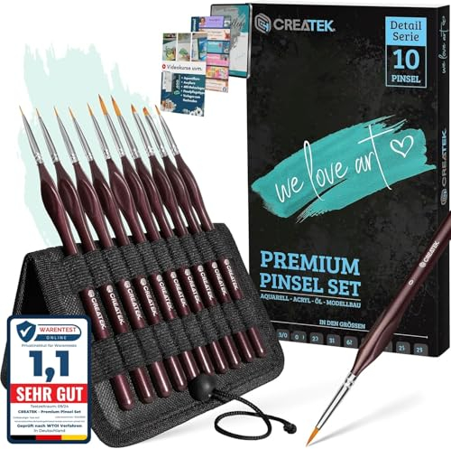 CreaTek Premium Detail Pinselset Acrylfarben - 10 extra feine Pinsel für höchste Präzision & Details - Dein zuverlässiger Acryl Pinsel Malen nach Zahlen für Modellbau & Miniaturen, Aquarellpinsel