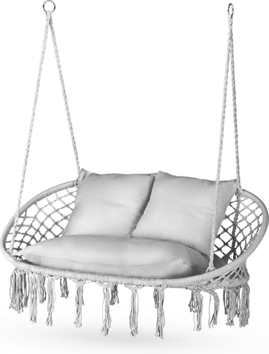 Outtec Doppelhängesessel Boho, hängesessel Outdoor, hängeschaukel, hängesessel 2 Personen, therapieschaukel Kinder (Grau mit Kissen)