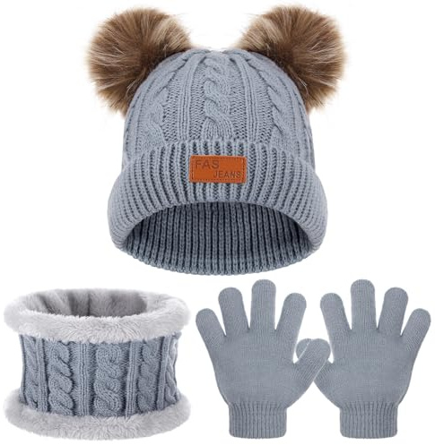 Huiguli Conjunto de Gorro Bufanda y Guantes Niños, Térmico Niñas Beanie Gorro Bufanda Guantes Set, 3 in 1 Invierno Conjunto de Guantes de Bufanda de Gorro para Niños Niñas 1-5 Años, Gris