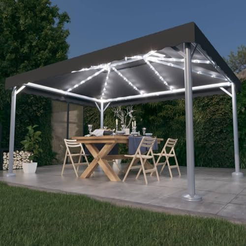 Gecheer Cenador con paredes y luces LED 400 x 300 cm antracita de aluminio, cenador de exterior, parasol, cenador con tela, pabellón de jardín, carpa para fiestas, cenador para barbacoa, A3070352