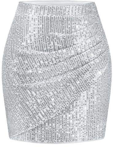 Aupuls Pailletten Rock Kurzer Rock Pailletten Rock Silber Rock Damen Kurz Asymmetrische Faltung Glitzer Rock Fasching Weihnachts Rock Silber AUPR001SilverL
