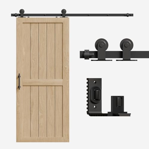 ETIASQSA Kit Porta Scorrevole, 6.6FT/200CM Binario per Porta Scorrevole, Colore Nero Barn Door Hardware Kit, Include Guide a Pavimento Regolabili