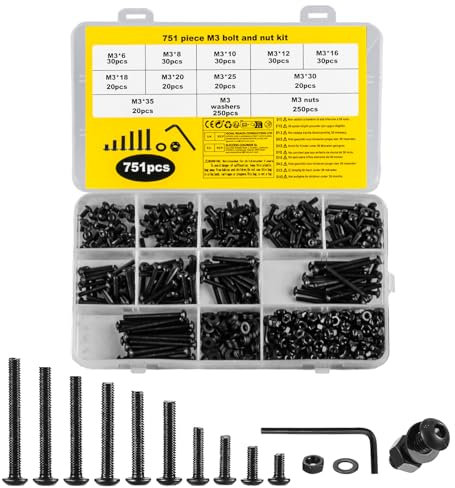 751 Pz Set di Viti M3, Bulloni e Dadi Set, Viti a Testa Bombata con Esagono Incassato, Assortimento di Bulloni a Testa Tonda Cilindrica Esagonale e Dad, Bullone a Brugola Nera con Rondelle + Chiave