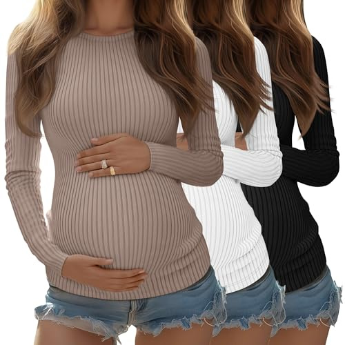 Riyiper 3 Pack Women's Maternity Shirts Long Sleeve Ribbed Knit Pregnancy Tees Crewneck Tunic Clothes Casual Fall Tops(Khaki, White, Black,Medium)