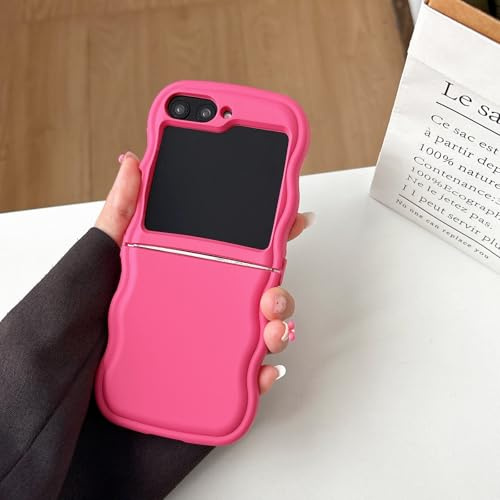 UEEBAI Wave Frame Case for Samsung Galaxy Z Flip 5/6 5G, Cute Wave Frame Slim Fit Shockproof Phone Bumper Cover Soft Pretty Curly Wavy Case Anti-Scratch TPU Case - Hot Pink