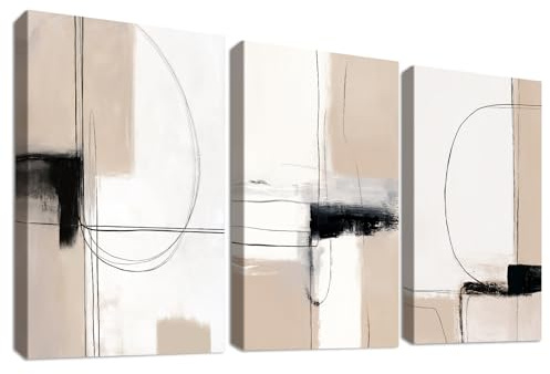 3 st målningar med träram, modern, abstrakt, geometriska linjer, canvas, dekorativ tavla, poster, beige, kaki, svart, minimalistisk tavla, dekoration, vardagsrum, sovrum, matsal, 30 x 40 cm x 3