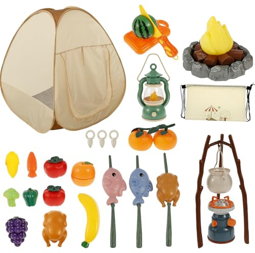 34Pcs Kids Camping Set with Pop up Tents Kids Set Portable Indoor/Outdoor Adventure Playset Include BBQ Grill, Campfire, Stove, Cooking Utensils and Play Food Toy Safety for Boys Girls