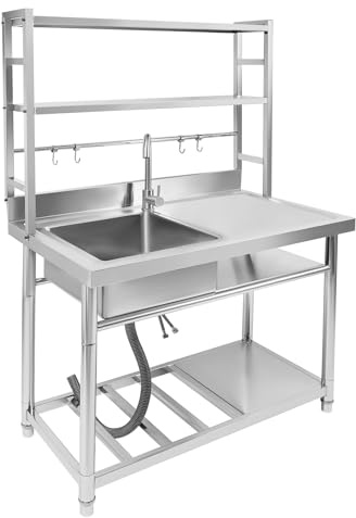 Lavello autoportante in acciaio inox rinforzato 201 con piano di lavoro integrato, scaffale multistadio, resistente agli schizzi, filtro antiintasamento, per cucina, ristorante, bar, caffetteria