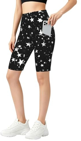 Mexpekil Galaxy Star Shorts for Women with Pockets Tummy Control Gym Leggings High Waist Cycling Shorts Stretchy Yoga Pants L