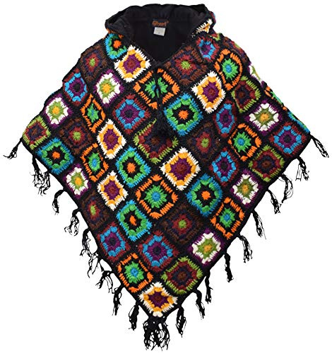 Gheri Poncho in lana patchwork patchwork foderato in pile colorato con cappuccio, E, taglia unica