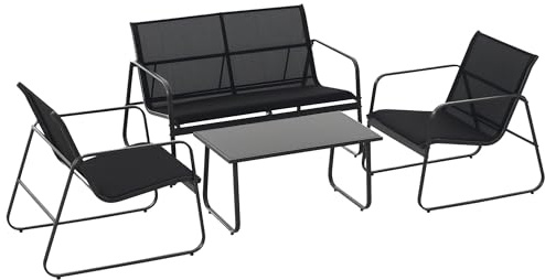 Outsunny Set Salotto da Giardino da 4 Pezzi, con Divanetto da Esterno a 2 Posti, 2 Sedie e Tavolo da Caffè in Vetro Temperato, Set di Mobili da Giardino in Metallo e Texteline, Nero