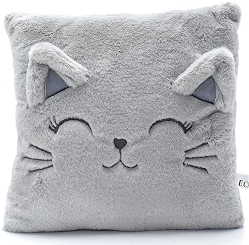 ecrou Kuschelkissen Kinder, Flauschig Dekokissen Mit Füllung, Kinderkissen,Zierkissen für Babyzimmer,Kinderzimmer Deko, Geburtstagsgeschenk für Frauen 35x35cm (Katzen-Grau)