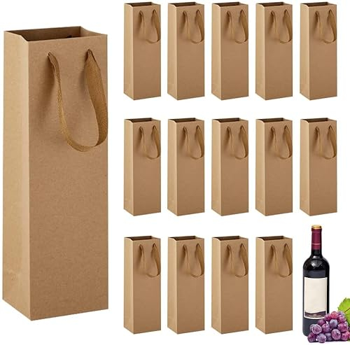 EMAGEREN 15 Stück Flaschentüten Weinflaschentüten Kraftpapier Geschenktüten Weintasche mit Henkel Recycelbarer Wein Champagner Geschenktasche für Weihnachten, Geburtstage, Einweihung & Partys
