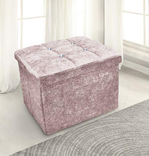Home Republic Large Ottoman Storage Box Folding Seat, Storage Stool Faux Leather Toy Chest Practical Bench Blanket Box (Crushed Velvet Buttoned Blush Pink, 38x38cms)