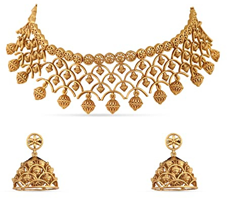 TARINIKA Brass Indian Choker Necklace Set - Gold Plated Cubic Zirconia Indian Jewelry Sets for Women Dangle, Drop, Jhumka Earrings Traditional Desi Necklace Pearls Gift for her (Kumud Antique)