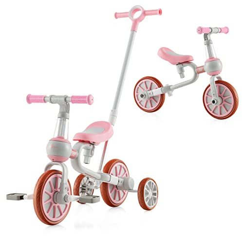 DREAMADE Dreirad ab 2 Jahre, 4-in-1 Laufrad mit Verstellbarer Schubstange & abnehmbarem Pedal, Kinderdreirad Balance Bike bis 30kg (Pink)
