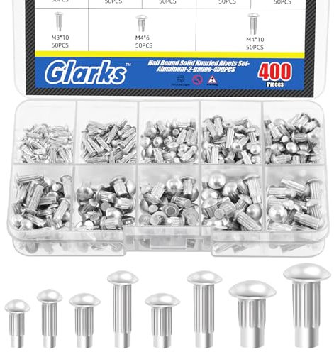 Glarks 400pcs ensemble de tige moletée de rivets solides, m2 m2.5 m3 M4 ensemble de série de rivets solides en aluminium à tête semi - ronde avec boîte de rangement Home Outdoor hardware tools