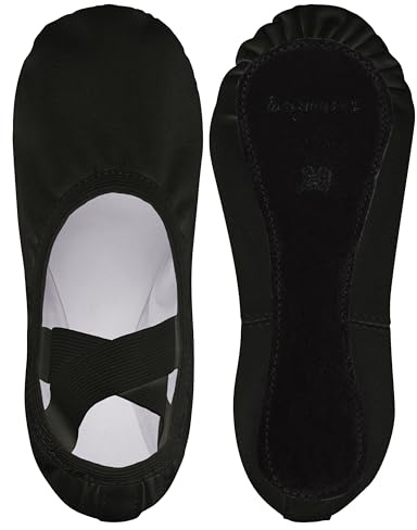 tanzmuster Ballettschuhe Damen - Jona - aus Baumwoll-Stretch - ganze Ledersohle - Ballettschläppchen für Erwachsene - Schwarze Tanzschuhe fürs Ballett, schwarz, 40