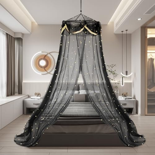 Black Bed Canopy with Star Light Large Dome Mosquito Net Home Decor for Travel and Home Single/Double Bed, Queen, Hanging Mount
