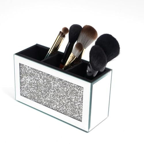 SERENA'S ® Mirrored Makeup Brush Holder Organiser Crushed Diamond Beauty box 3 Slots Glass Cosmetics Brushes Storage Case Remote Pen and Pencil Holder for Desk, Eyeliners Display Vanity