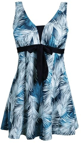 Ecupper Maillot de Bain Une Pieces pour Femme Rétro Jupe avec Volantée Contrôle du Ventre Push Up Col en V Feuille de Turquoise XL