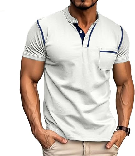 Henley Tee Shirt Homme en Coton Manches Courtes avec Poche | T-Shirt Homme été Doux Respirant Bouton