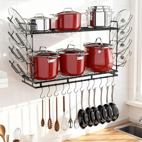 Housolution Porta Pentole da Parete, Lunghezza Estensibile da 57 a 77 cm, Altezza Regolabile su 3 Livelli, Organizer Padelle con 12 Ganci Verticali e 8 Supporti per Coperchi
