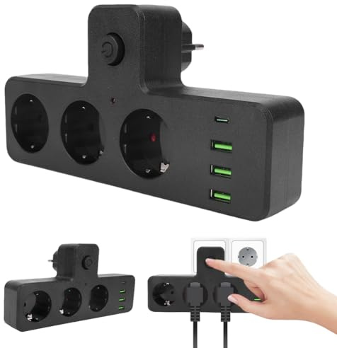 Estensione multifunzionale della ciabatta con 3 prese di corrente CA, 3 porte USB, 1 porta di tipo C e un interruttore;adatto per ufficio, casa e viaggi