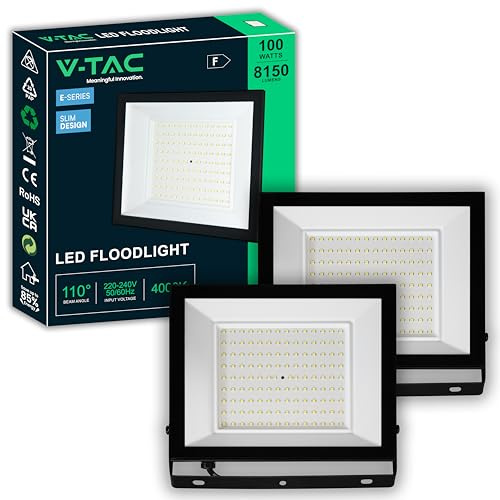 V-TAC 2x Fari LED da Esterno 100W - [ E-Series - Alte Perfomance, Bassi Consumi ]- Super Slim Design - 8150 Lumen - IP65 - Proiettore per Casa, Garage, Magazzino - Impermeabile - Luce Fredda 6500K