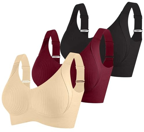 Lot de 3 Soutien-Gorge Femme sans Armature Brassière Sport Bretelles Réglables Top Côtelé Extensible Confortable Maintien Léger sous-Vêtement Élégant pour Entraînement Quotidien