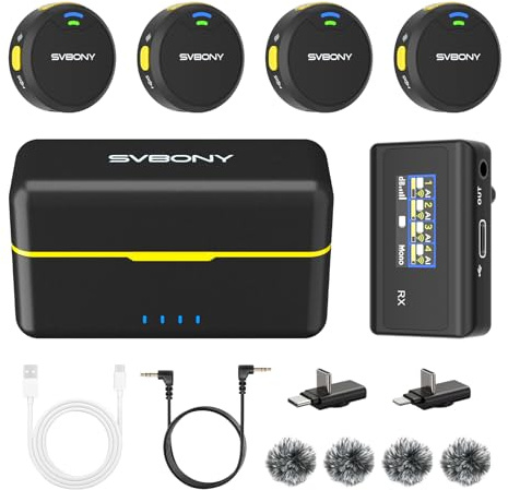 SVBONY SVMic 5 trådlösa lavaliermikrofonsystem har fyra sändare och ett laddningsfodral, stöder 48 kHz/24bit brusreducering, säker dubbelspårsinspelning, en smart display och 48 timmars batteritid
