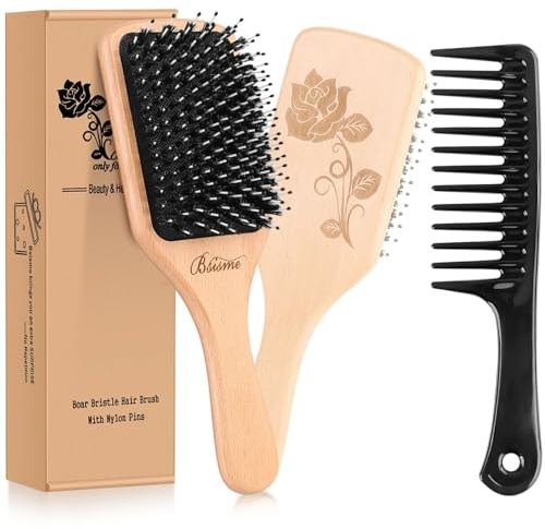 Bsisme Hair Brush-Boar Bristle Hairbrush with Detangling Pins Wooden Paddle Detangler Hairbrush for Women Men Reduce Frizz Dry Restore Natural Shine