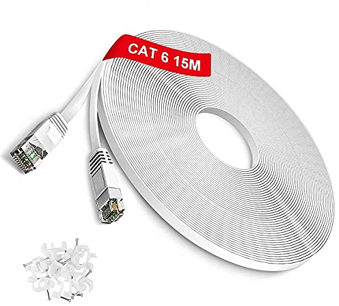 TBMax Flat Ethernet Cable 15m Long, Cat6 Ethernet Network Cable RJ45 High Speed Lan Cable UTP Internet Patch Cable for Modem,Router, White