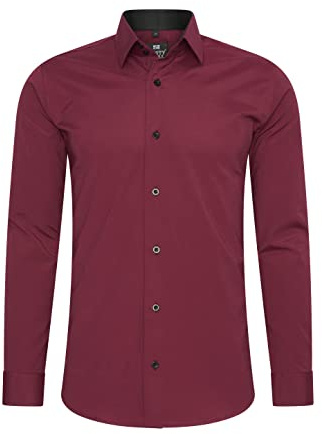 Rusty Neal Camisa para hombre Premium Slim Fit de manga larga elástica gris con cuello Kent para negocios y ocio Talla M, burdeos, M