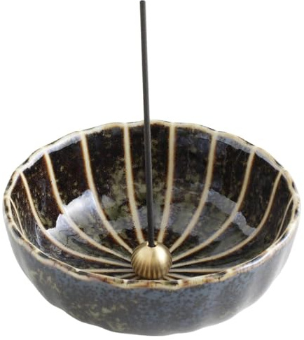 Asayu Japan Porte Encens Lotus Traditionnel Fabriqué au Japon en Céramique avec Brûleur d'Encens en Laiton pour Bâtons, Encensoir Couleur Vert Lotus