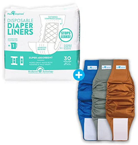 Paw Inspired Reusable, Washable Belly Bands for Male Dogs (X-Small, 3 Count) with Disposable Diaper Liner Inserts (30 Count)