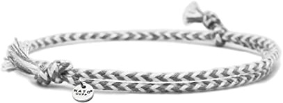 Nato Cuff - Bracelet Coton tressé - Fait Main en France- Médaille Acier Inox 316L- Bijou Homme ou Femme Ajustable (Gris/Blanc)