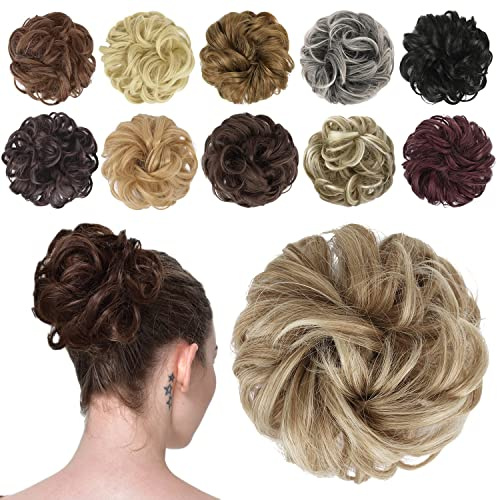 FESHFEN Messy Bun Hair Piece - Wavy Synthetic Chignon Scrunchies for Instant Volume, Elastic Bun Ponytail Hair Extensions Thick Hairpieces for Women, Mixed Blonde and Ash Blonde Tips 1.50 oz