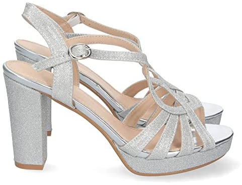 shoes&blues.es 69397-Sandalia de Tacon para Mujer, Comoda, con Pala en T, Estampado Brillante, y Cierre de Hebilla, Otono Invierno 2022. Talla 37 Plata