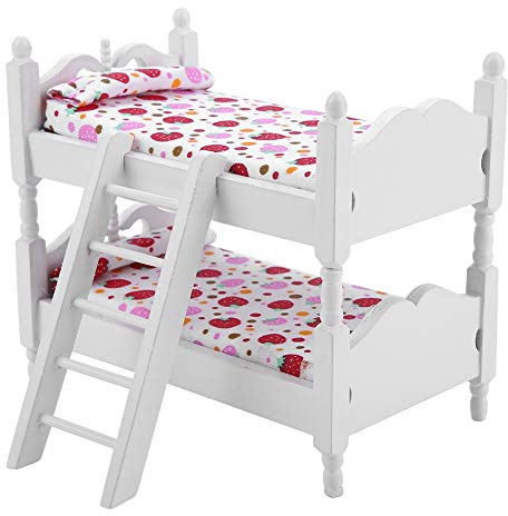 Poupée Lit Superposé Poupée Lit Superposé Petit Bouton 1:12 Maison de Poupée Mini Meubles Enfants Chambre Modèle Lit Superposé Jouet(Fraise Rose)