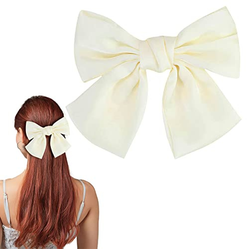 Fermaglio per capelli con fiocco, per donne, con grande fiocco, fermagli per capelli francesi con nastro, tinta unita, morbidi fiocchi per capelli in raso setoso, per donne e ragazze (bianco, 1 pezzo)