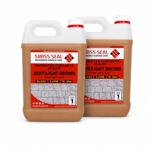 Swiss Seal | BUFF/LIGHT BROWN Coloured Imprinted Concrete Sealer GLOSS FINISH + ANTI-SLIP | Colour Tinted Driveway & Patio Sealant - Wet Look | (2 x 5 Litre)