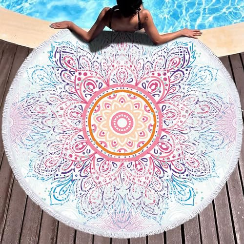 LXTOPN Serviette de Plage, Ronde, Mandala, Serviette de Plage en Microfibre, Taille XXL, Serviette de Bain, Grande Couverture de Plage, Tapis de Yoga, Serviettes avec Pompons (Y9)