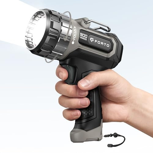 FORTO Compact Rechargeable Spotlight with Adjustable Focus, Handheld Spot Light with Stand, 823m Range, 3 Light Modes and LED Spot Lights Outdoor for Boating Hunting Camping Hiking