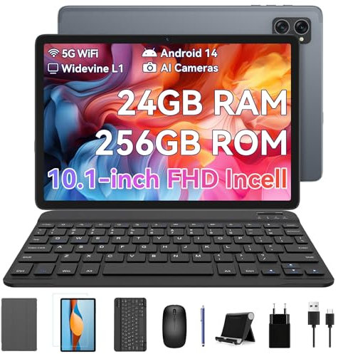BESTTAB A20 Gaming Tablet 10 Zoll, Android 14 Tablets Octa-core, 24GB RAM + 256GB ROM(2TB TF), 5G WiFi Tablet Pc,1920x1200 FHD+IPS, 8MP+5MP Kamera 5000mAh Typ-C/Face ID/GPS/BT5.0/OTG