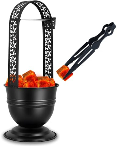 Hookah Charcoal Coal Holder Premium Quality Basket with Coal Tongs Metal Tweezers-Portable Carbon Container w/Side Tong Holder Lounge Hookah Lounge Style Accessorieswith Coal Tongs (13.7)