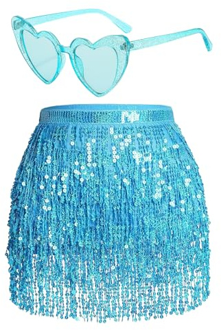 Damer paljetter kjol tofs glitterkjol höft paljetter rave kjolar glas set franskjol för dans klubb halloween kostym