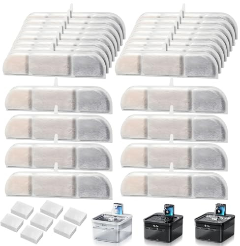 GOEDCH Kattfontänfilter, 24 stycken filter + 24 svampar för DownyPaws kattfontän, 2,5 l automatisk vattenfontän för katter