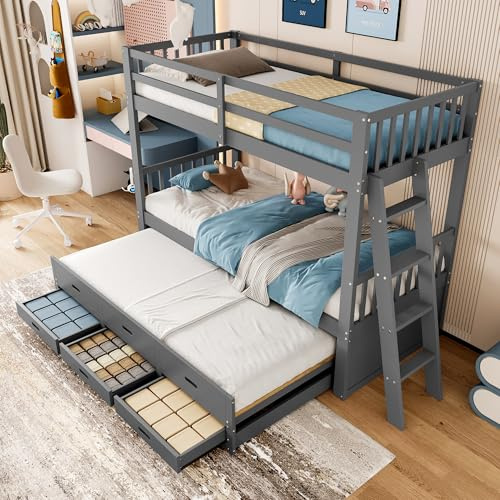Rvjiahe Litera de 90 x 200 cm, cama infantil, cama para niñas y niños, estructura de cama de pino y MDF con escalera con cama nido y 3 cajones (gris, 90 x 200 cm)