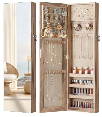 Nicetree Mirror Jewelry Cabinet, Jewelry Armoire with Full Length Mirror,Mirror with Jewelry Storage Wall/Door Mounted, Lockable Jewelry Armoire Organizer, Oak